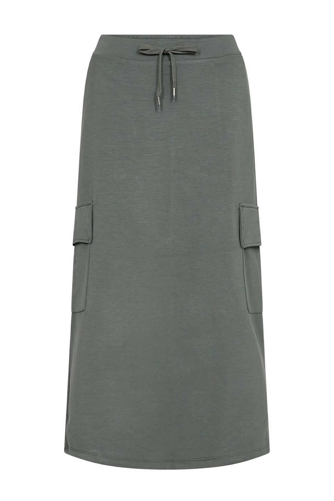 Jupe longue souple en modal, taille élastique, design trapèze, poches latérales, couleur verte, longueur midi.
