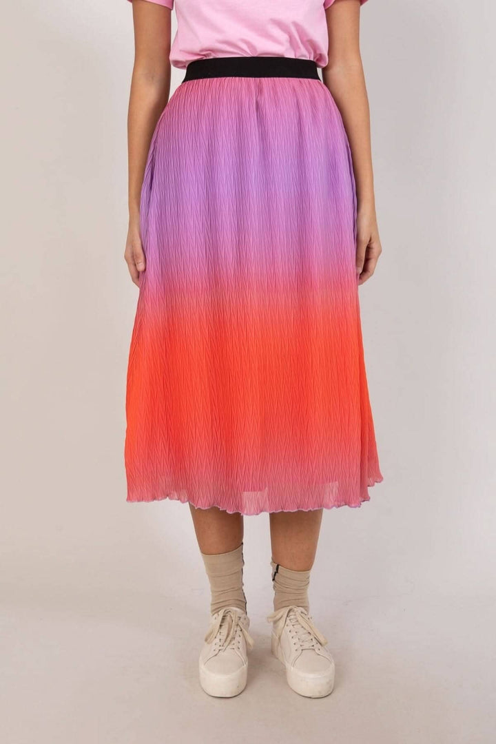 Jupe plissée dégradée en violet et rouge avec bande élastique, style décontracté, longueur jusqu&