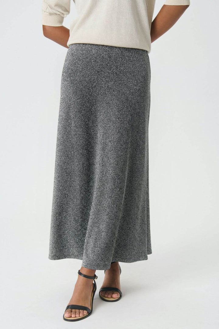 Jupe scintillante Viebe grise avec effet métallisé, coupe évasée et taille élastique, idéale pour occasions festives, vue de face.