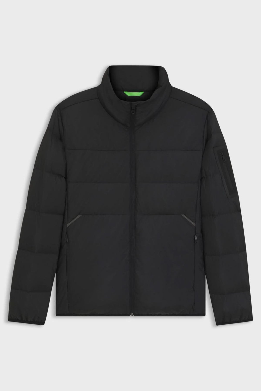 Manteau matelassé déperlant en duvet avec poche sur la manche, BOSS, noir, garnissage duvet et plumes, accents réfléchissants, mi-saison.