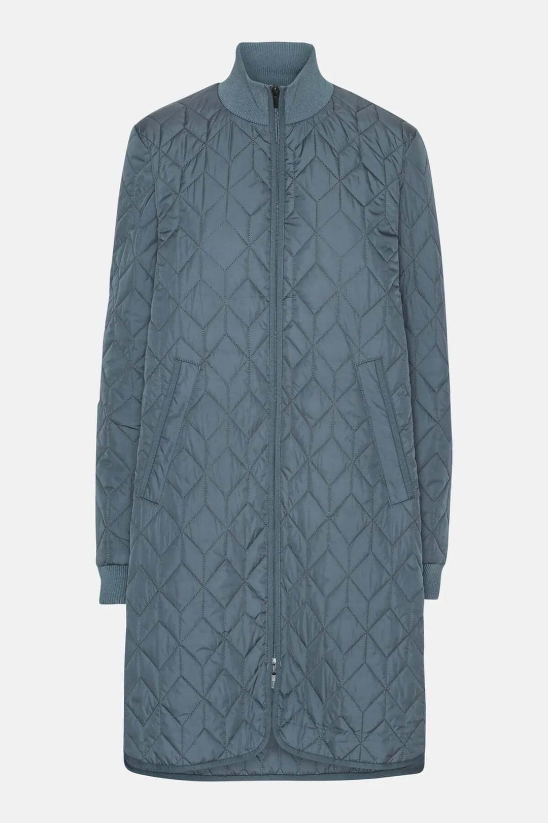Manteau matelassé long à col montant, léger et chaud, avec motifs géométriques, idéal pour un look urbain élégant.