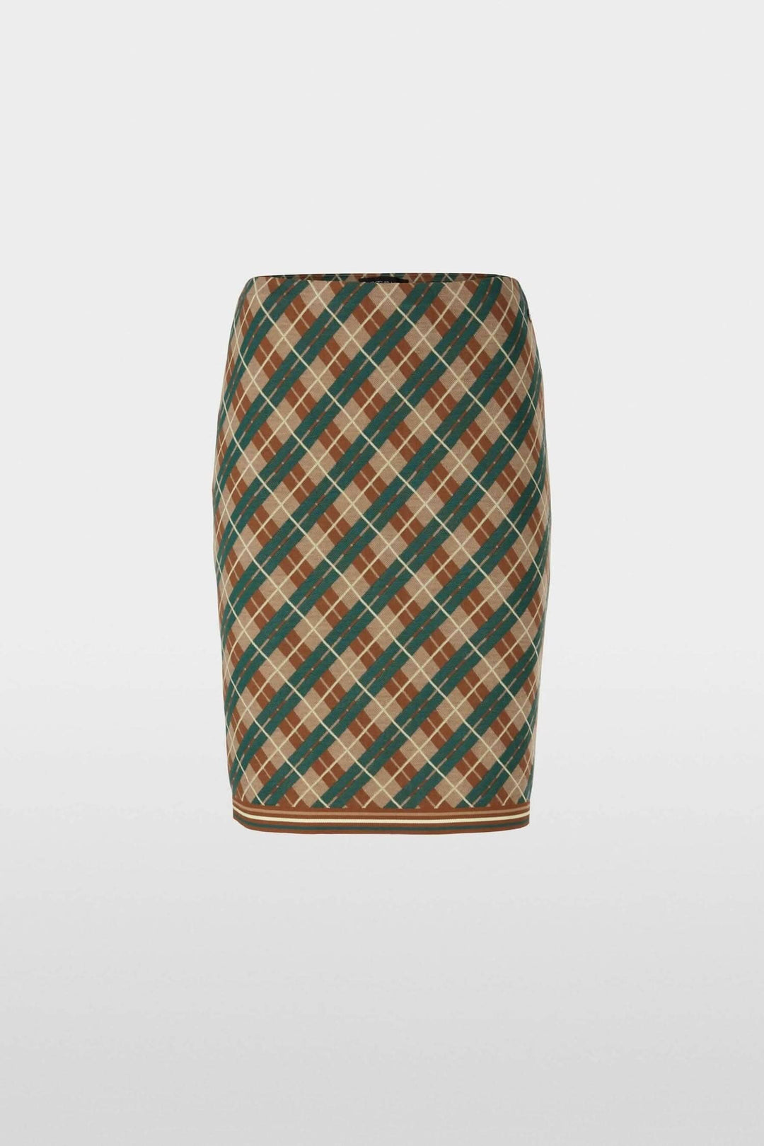 Mini-jupe à carreaux argyle avec ceinture élastique et finitions assorties, tricotée en Allemagne.