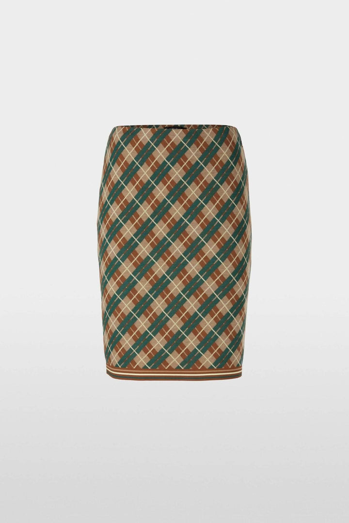 Mini-jupe à carreaux argyle avec ceinture élastique et finitions assorties, tricotée en Allemagne.