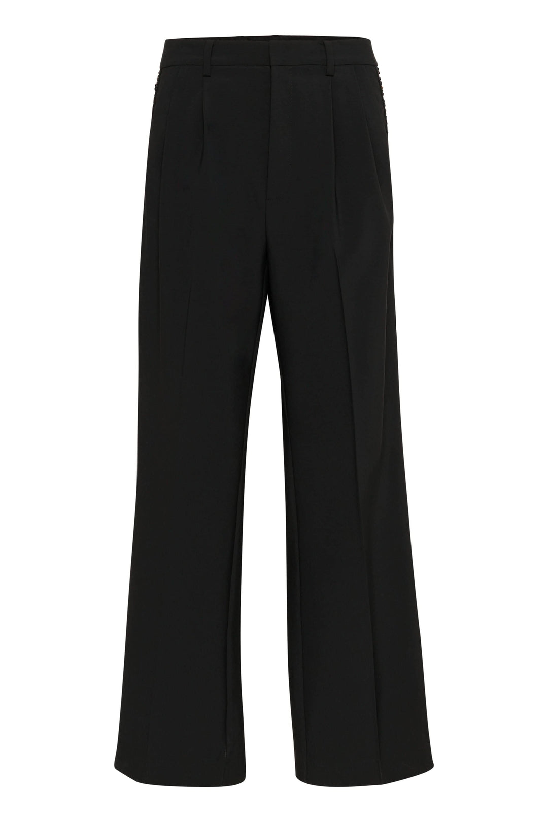 Pantalon noir large avec plis avant et taille haute, décoré d&