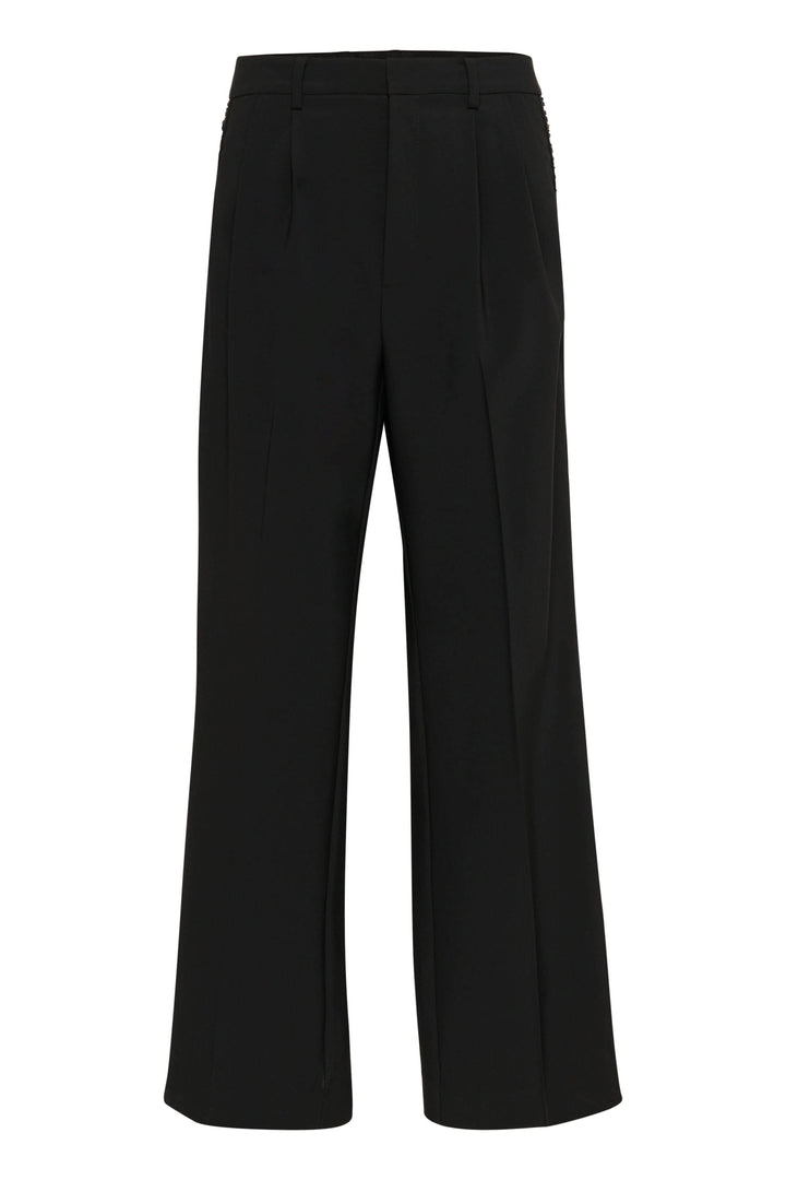 Pantalon noir large avec plis avant et taille haute, décoré d&
