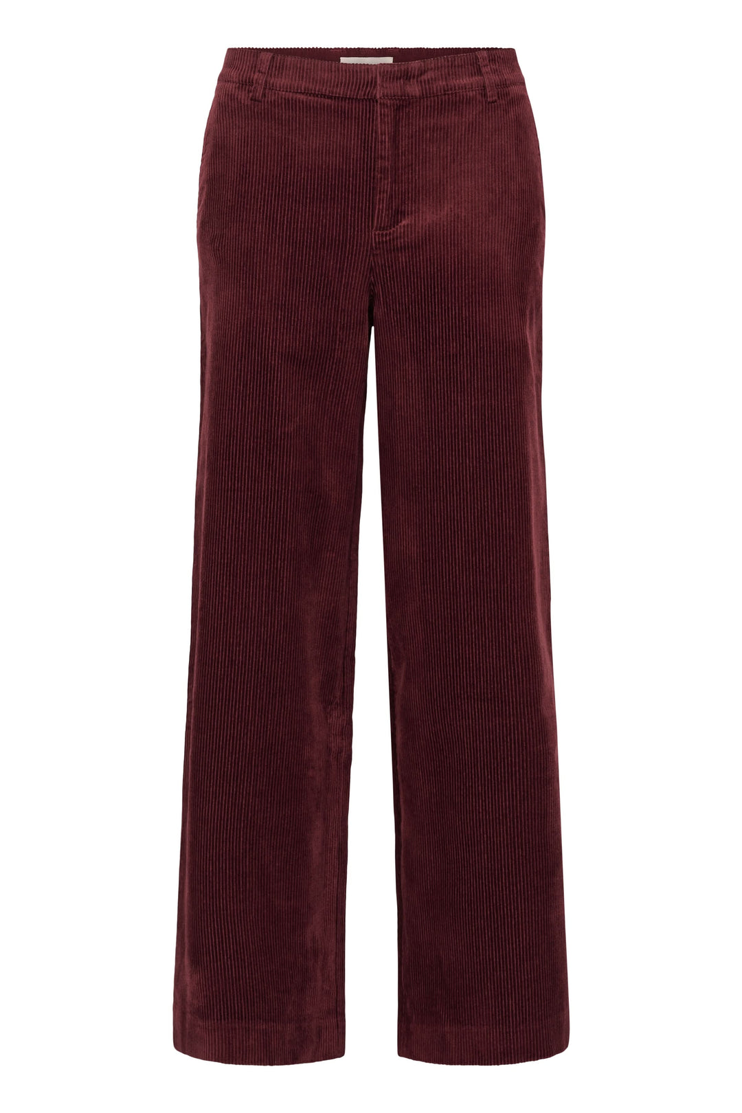 Pantalon Clarissi en velours côtelé bordeaux avec coupe large et taille haute pour un style rétro-chic et moderne.