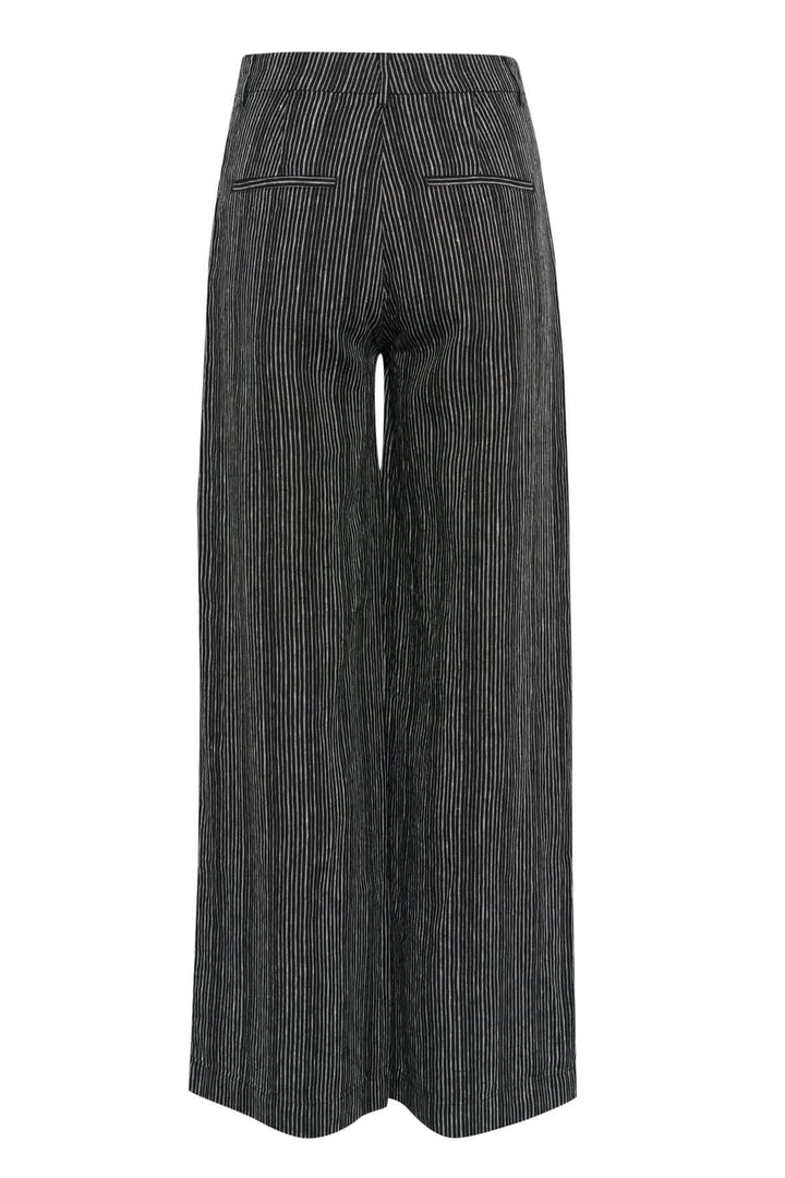 Pantalon de lin Solina, taille haute, jambe large, rayures, poches latérales, style décontracté et élégant.