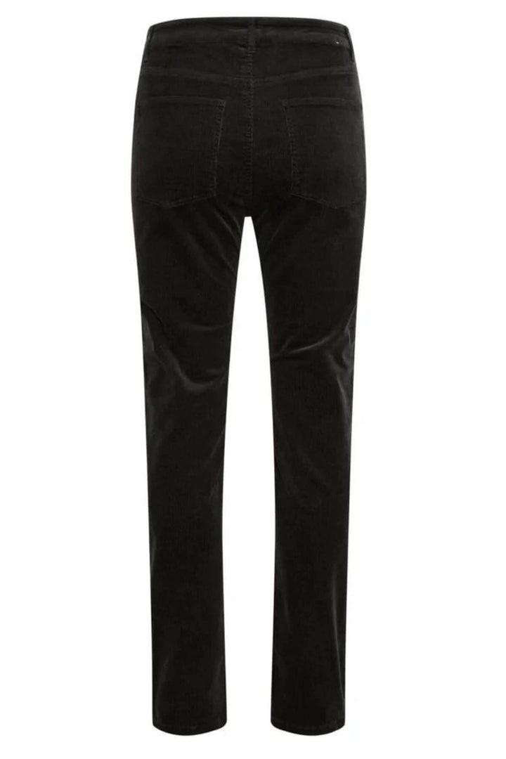 Vue arrière du pantalon en corduroy Rana, taille haute, jambe droite, couleur noire.