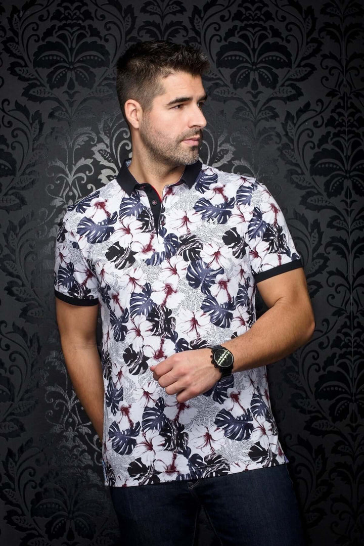 Polo Campari à motifs tropicaux bleutés, parfait pour un look décontracté d&