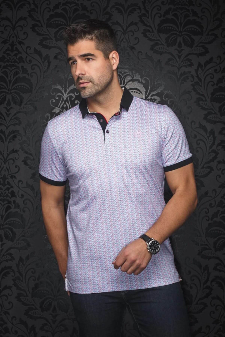 Polo Colter à micro-motif géométrique, col noir, look décontracté chic, parfait pour l&