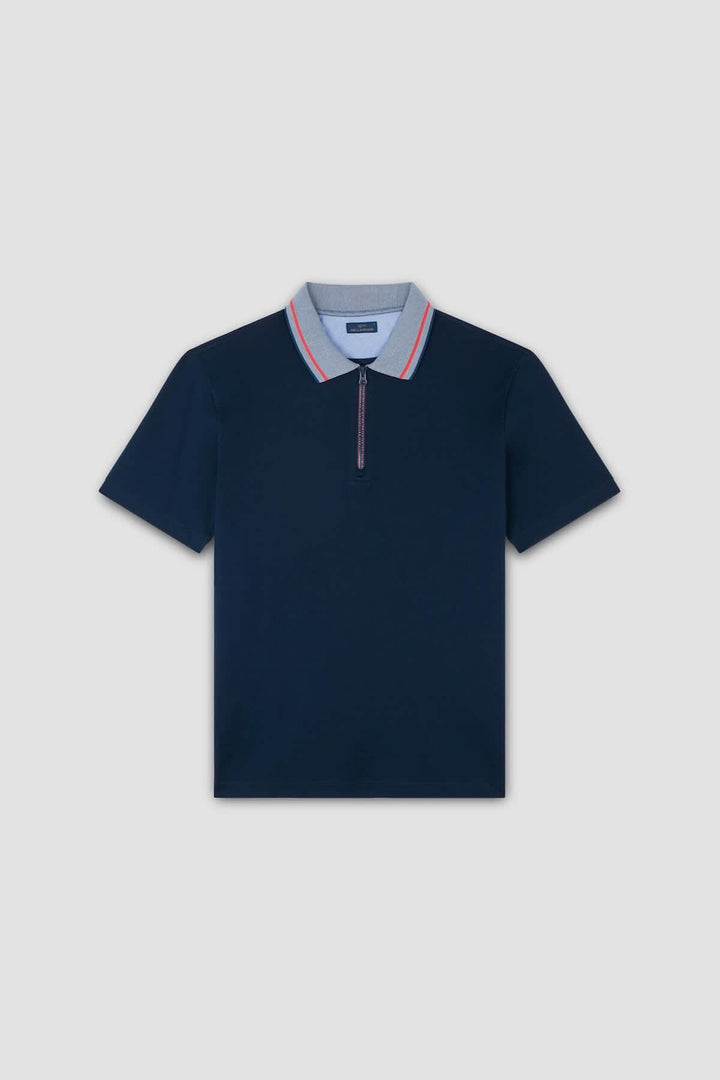 Polo en coton bleu marine avec col contrastant gris et fermeture éclair, élégant et décontracté.