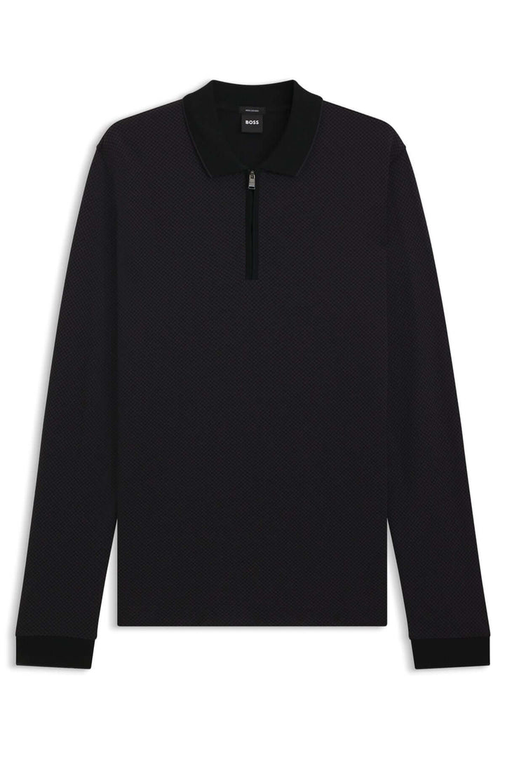 Polo à manches longues avec fermeture éclair, tissu texturé, col contrastant élégant, idéal pour un look raffiné et chic.