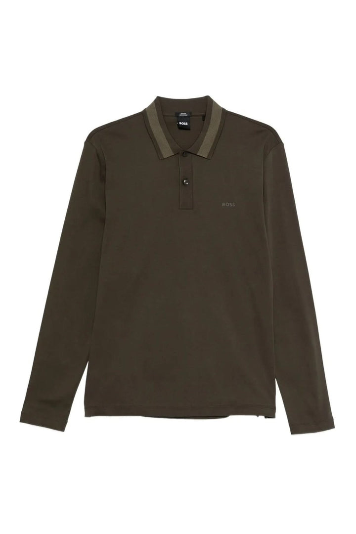 Polo slim fit à manches longues BOSS en coton doux avec col contrastant et patte à deux boutons, élégance et confort pour tenue chic.