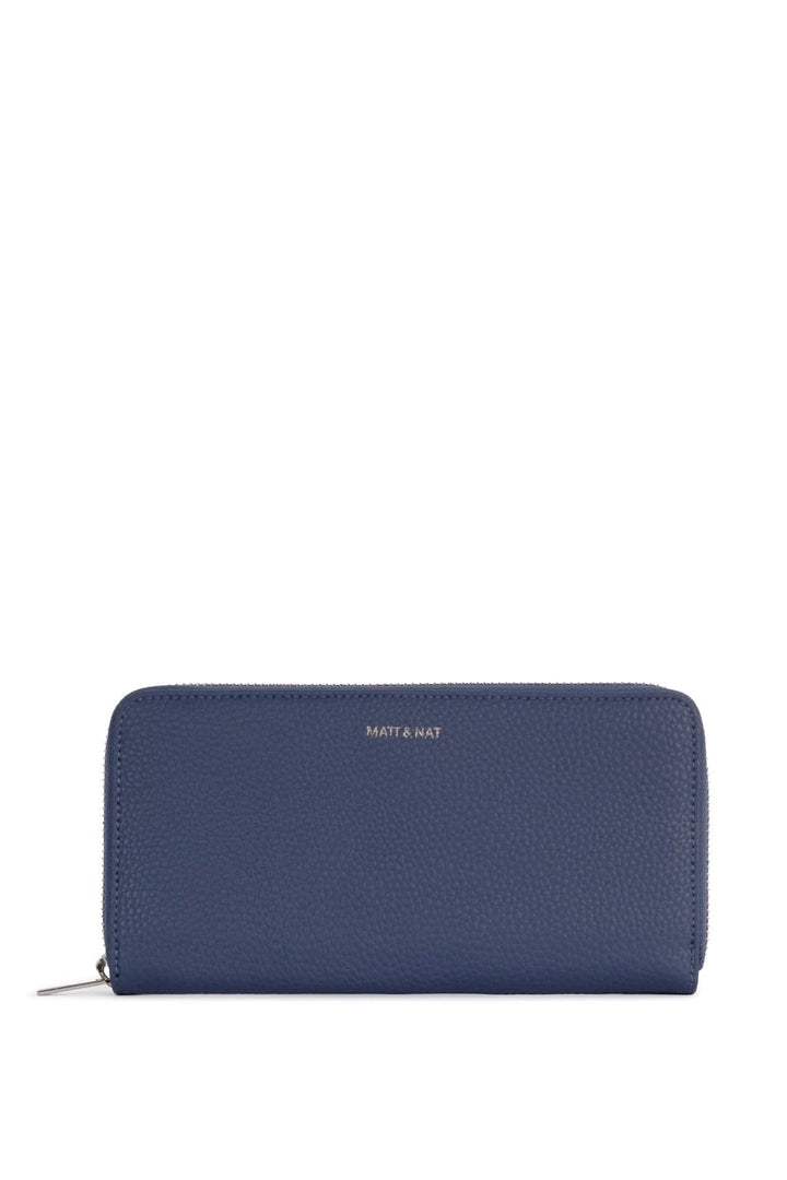 Porte-feuilles zippé élégant en cuir bleu avec finition grainée, idéal pour un style raffiné.