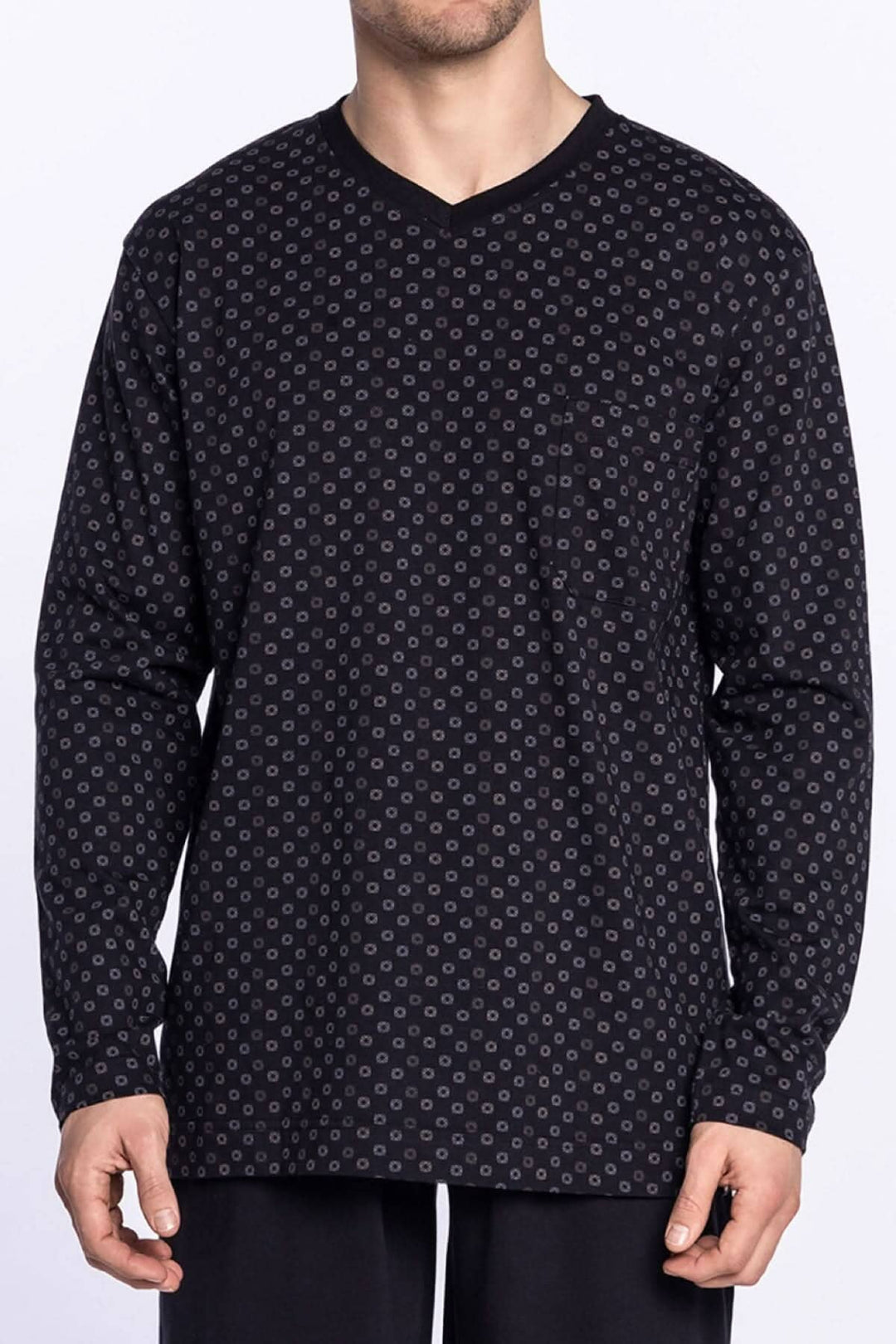 Pyjama Foggy: T-shirt long en coton noir avec motif, col en V et poche poitrine