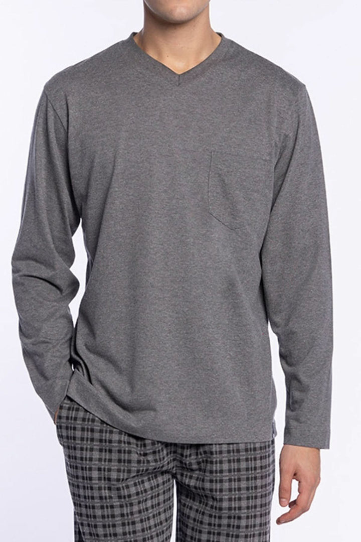 Pyjama Long Minimaliste pour homme en coton, haut gris manches longues col V, pantalon à imprimé, idéal détente et confort.