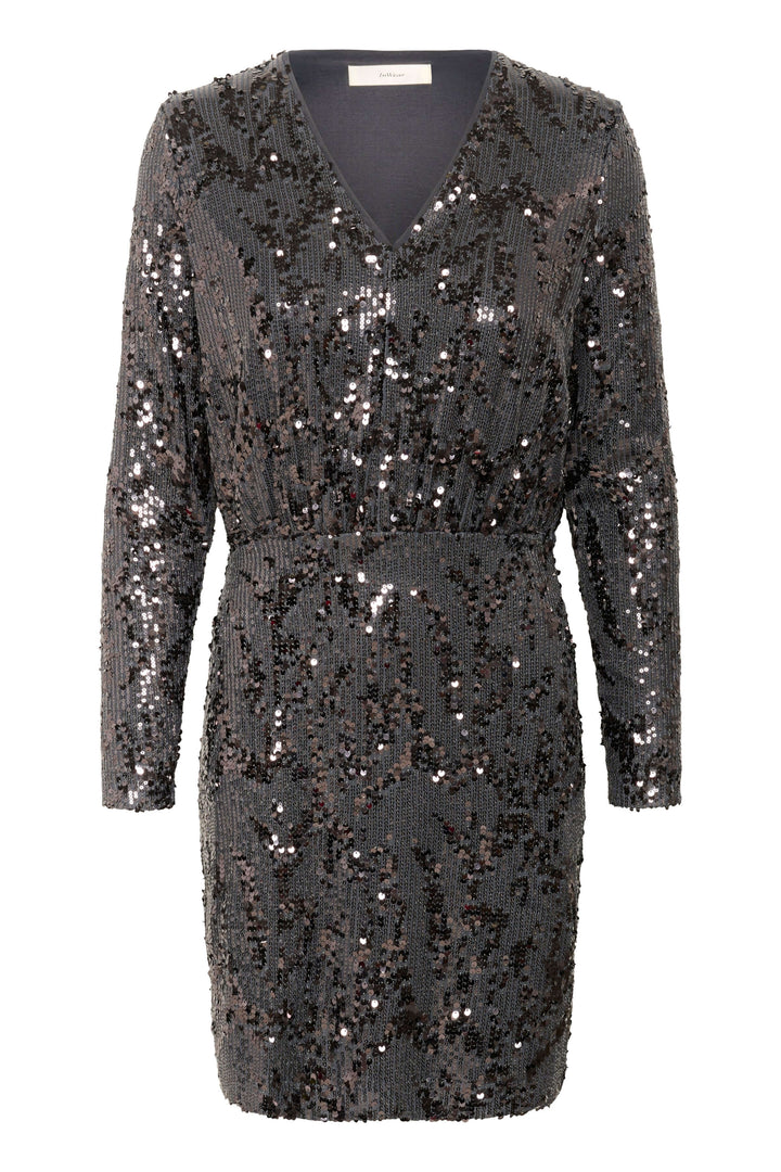 Robe Kimba à paillettes à manches longues avec col en V, idéale pour soirées festives, glamour, couleur noire, coupe cintrée, brillance élégante.
