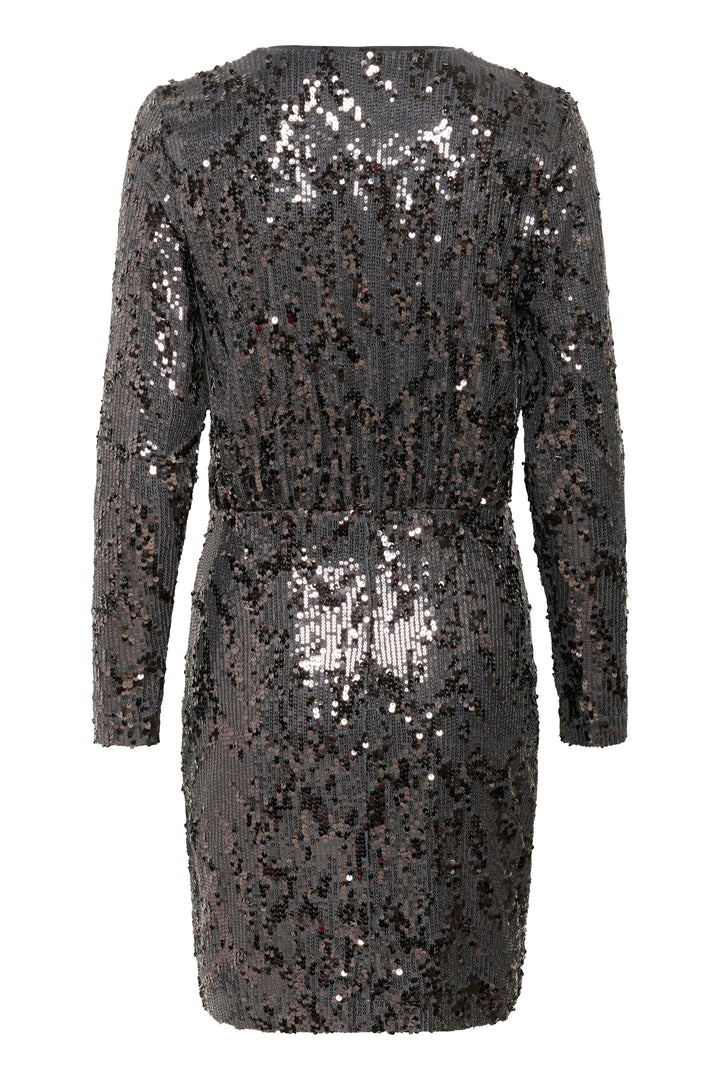 Robe Kimba à paillettes à manches longues avec col en V, coupe droite et manches longues, vue arrière. Parfaite pour les soirées festives.