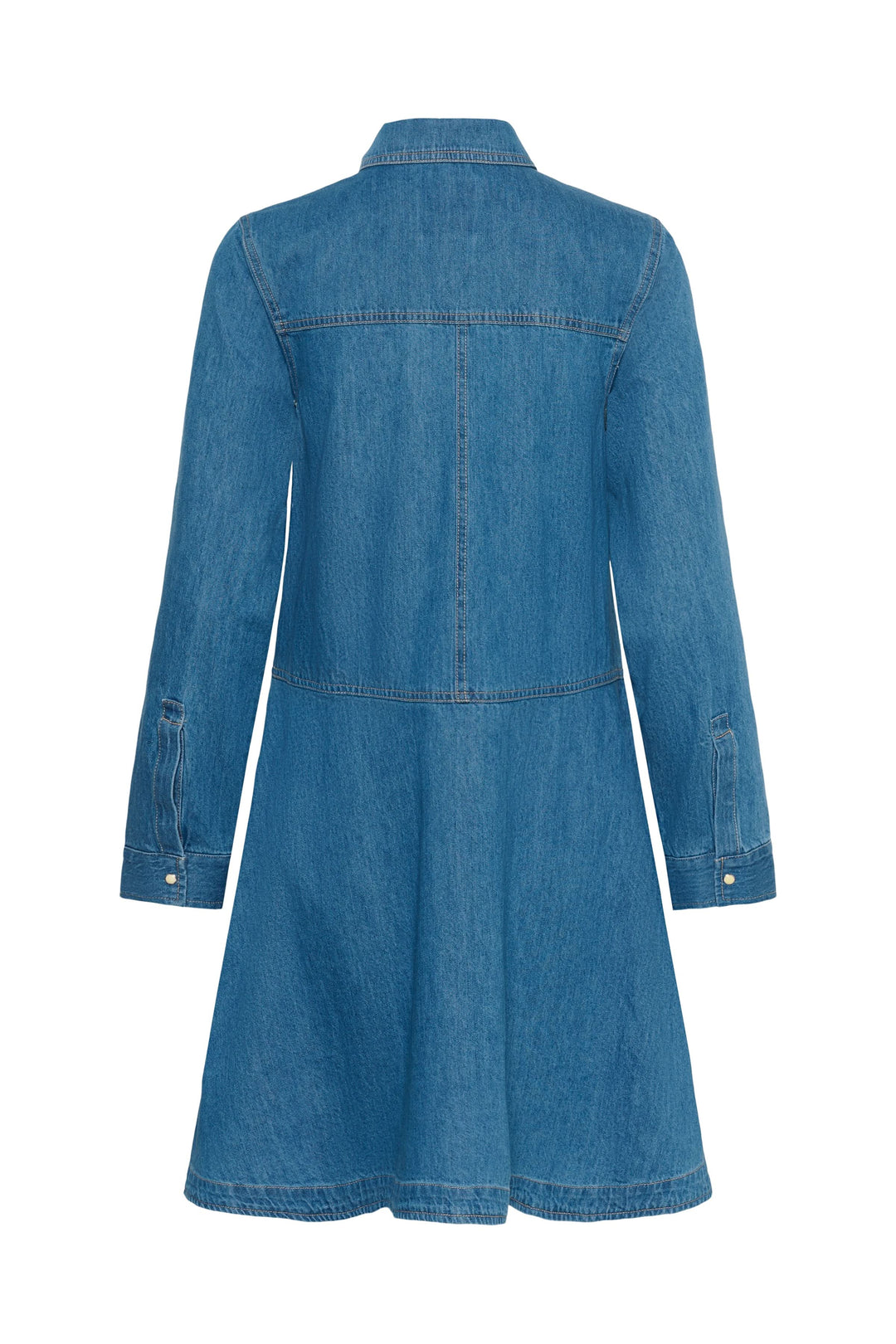 Robe chemise Augustine en denim bleu avec coupe évasée et manches longues, vue arrière.