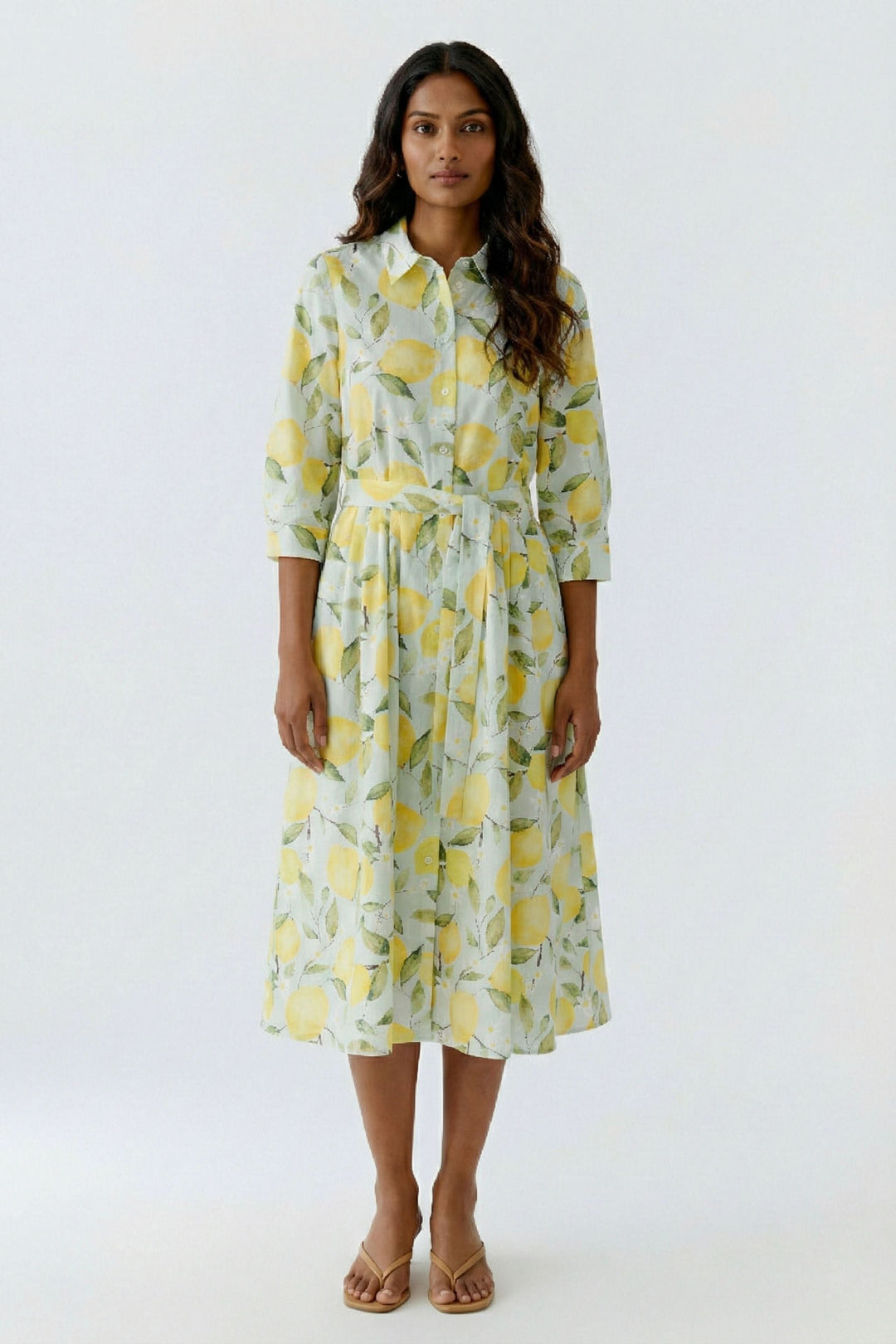 Robe chemise midi à imprimé citron