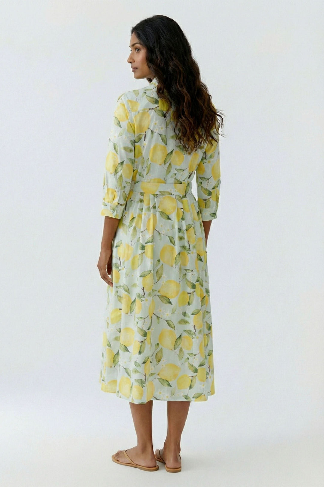 Robe chemise midi à imprimé citron