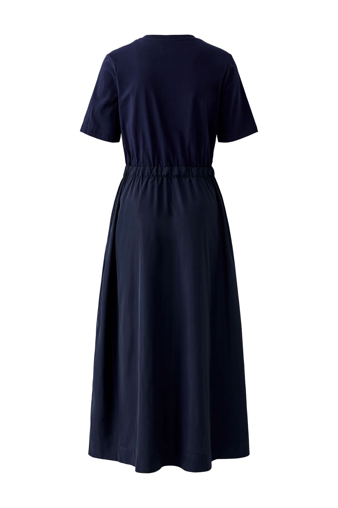 Robe midi à taille ajustable élégante et minimaliste vue arrière, manches courtes, jupe fluide, encolure ronde, couleur marine.