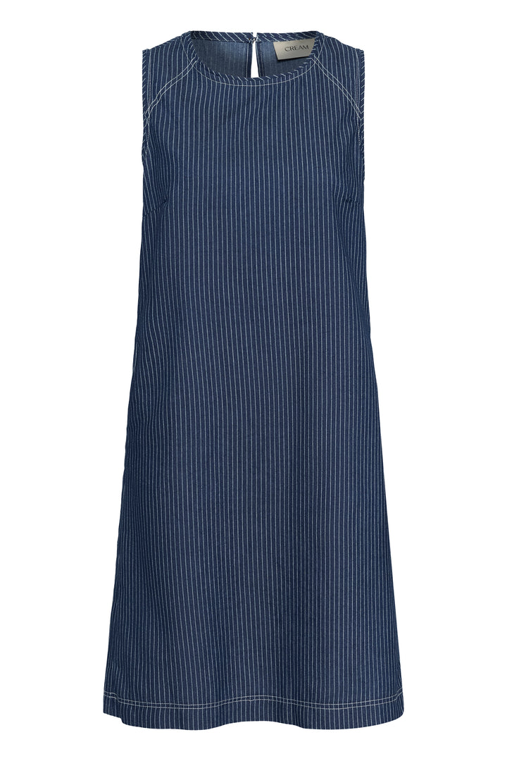 Robe sans manches Agate à motif rayé bleu avec surpiqûres visibles, coupe droite pour un style décontracté et structuré.