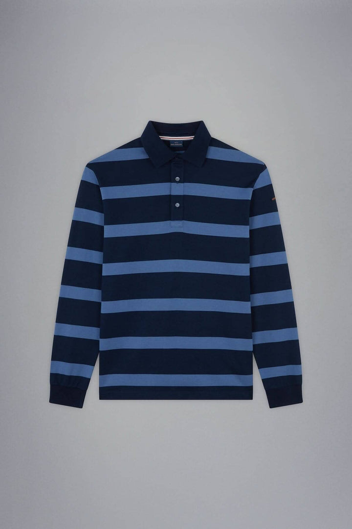 Polo rayé bleu marine et bleu clair, col classique, manches longues, style décontracté et élégant.