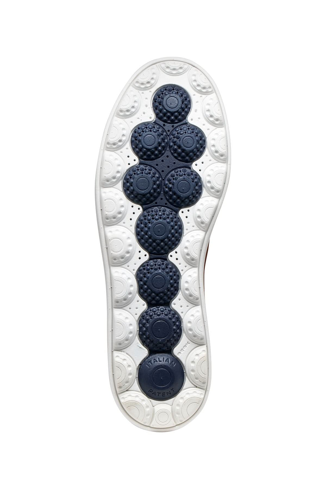 Semelle extérieure épaisse de sneakers en cuir respirant avec motif adhérent en bleu et blanc.