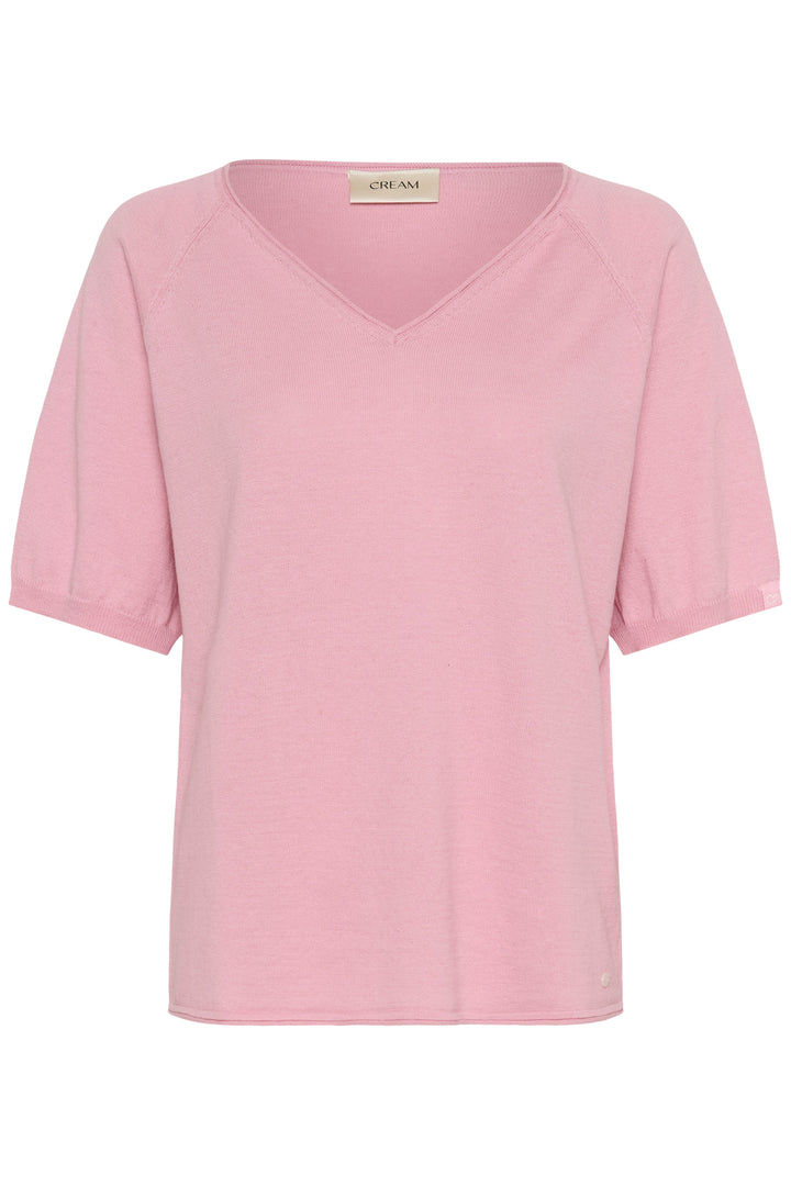 T-shirt Romane rose avec encolure en V et manches amples, coupe décontractée, idéal pour un look quotidien.