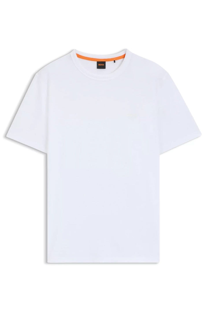 T-shirt blanc en coton avec logo Boss brodé, coupe droite et col rond classique.