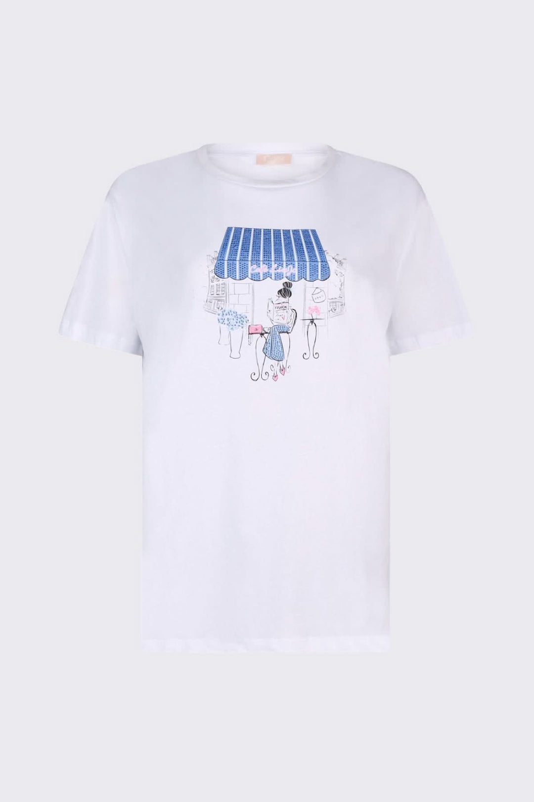 T-shirt à manches courtes avec imprimé graphique bleu sur fond blanc, coupe confortable.