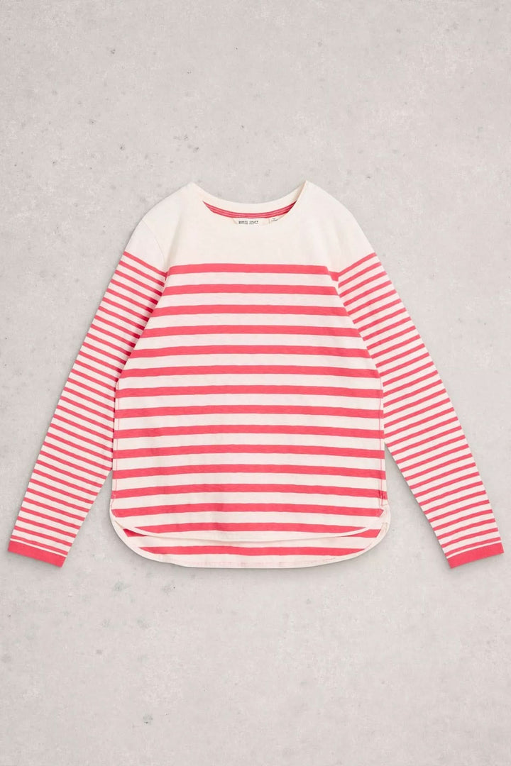 T-shirt rayé à manches longues en coton doux avec motif rayé rouge et blanc, coupe droite, idéal pour un style décontracté.