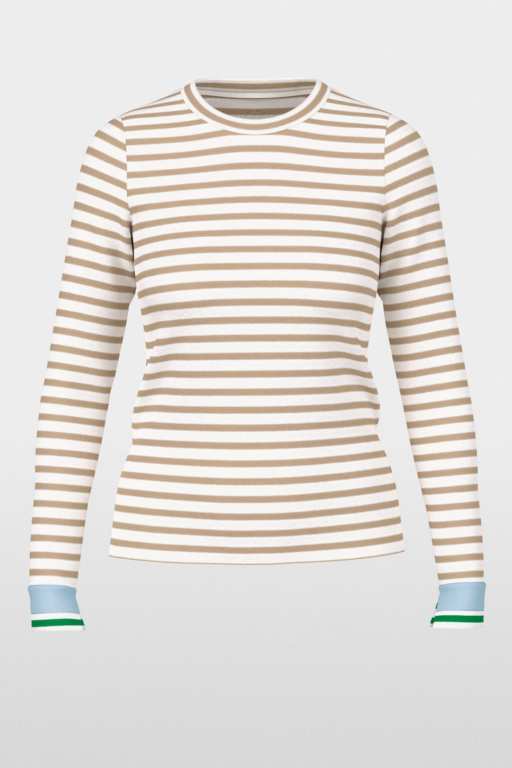 T-shirt rayée cintrée avec manches longues et encolure ronde, motif rayé beige et blanc, mode contemporaine polyvalente.