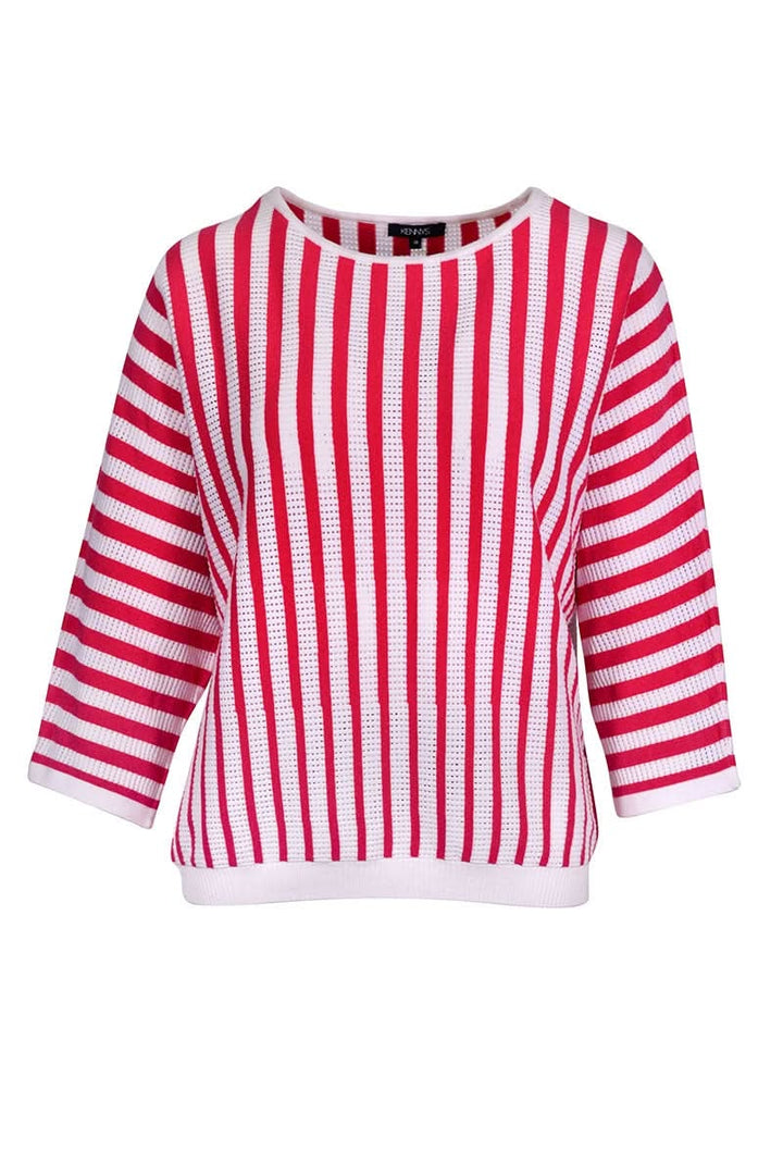 Tricot rayé manches trois-quarts rouge et blanc en maille légère et extensible avec encolure ronde.