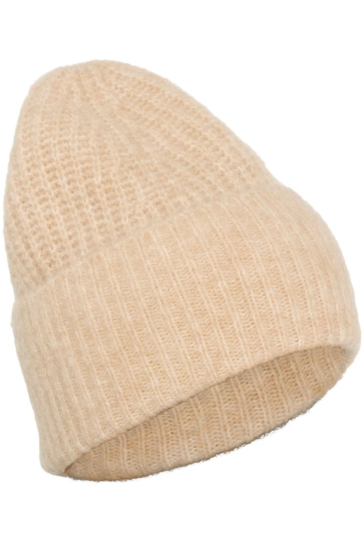 Tuque Sanja en tricot côtelé beige avec revers large ajustable, idéale pour un look hivernal moderne et décontracté.