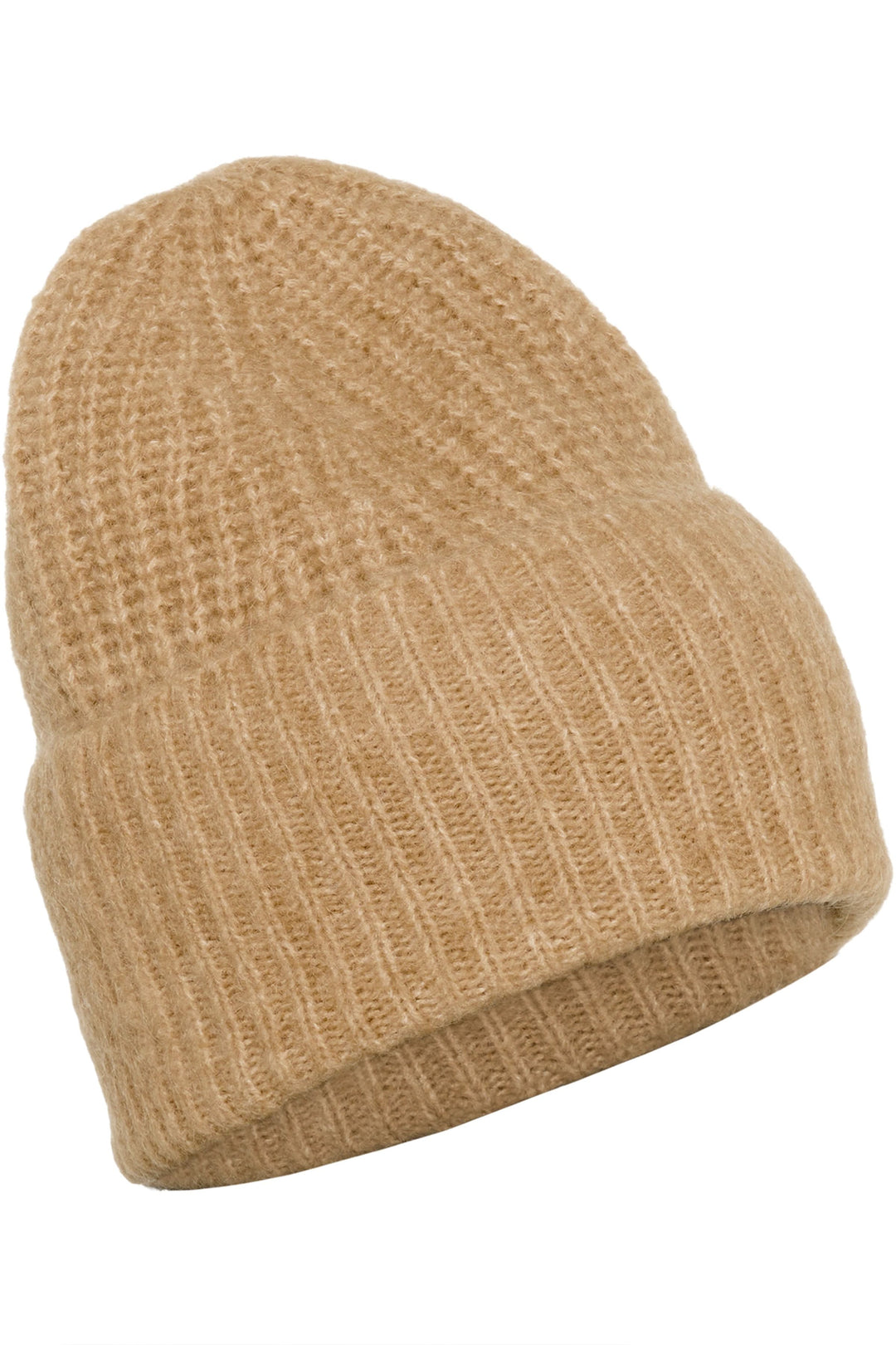 Tuque Sanja en tricot côtelé beige avec coupe allongée et revers ajustable, ajoutant une touche urbaine à votre look hivernal.