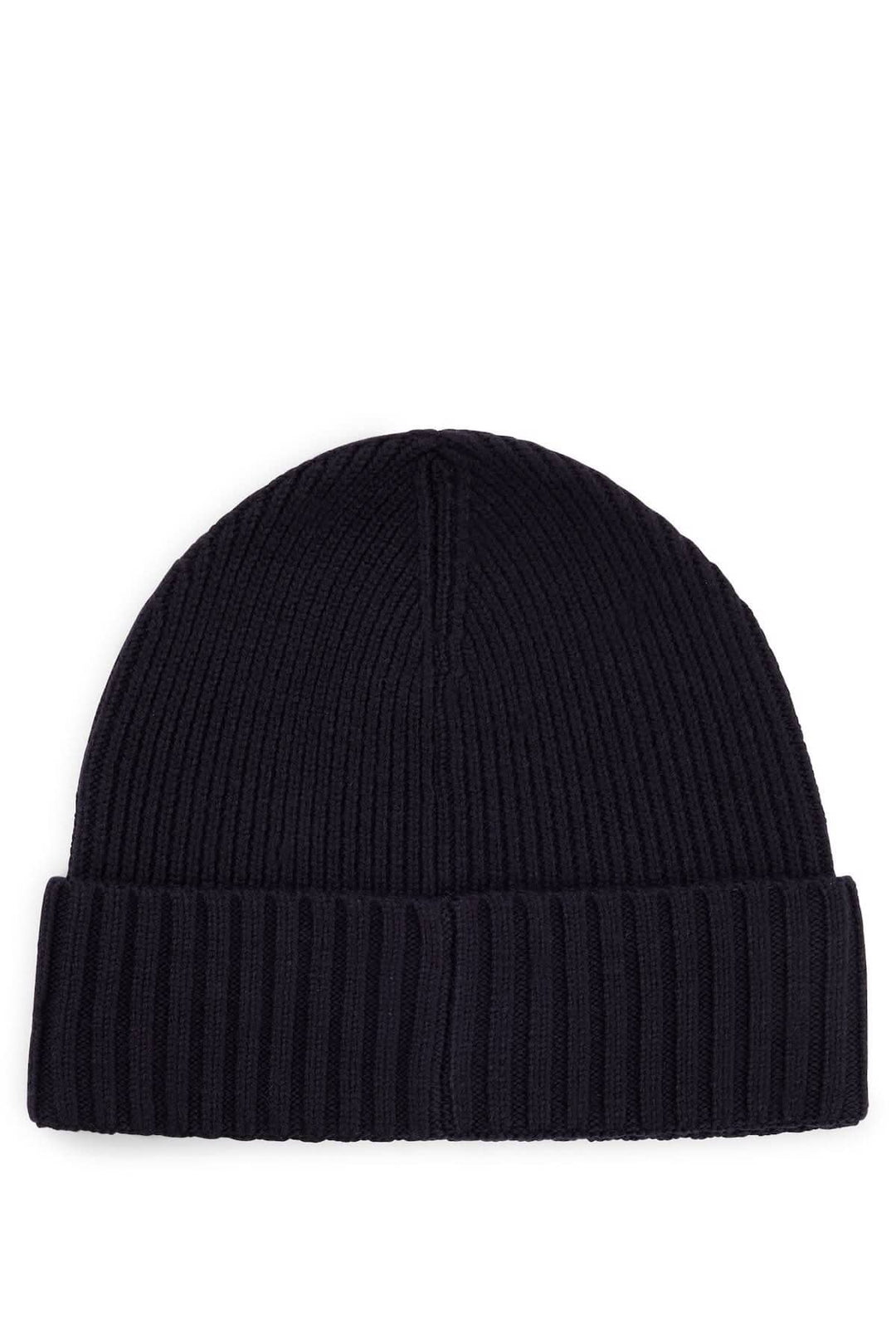 Bonnet en laine noir côtelé avec revers, étiquette logo BOSS, doux et confortable.