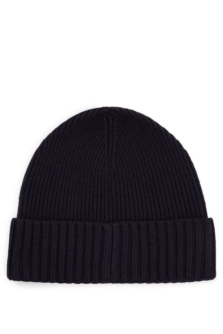 Bonnet en laine noir côtelé avec revers, étiquette logo BOSS, doux et confortable.
