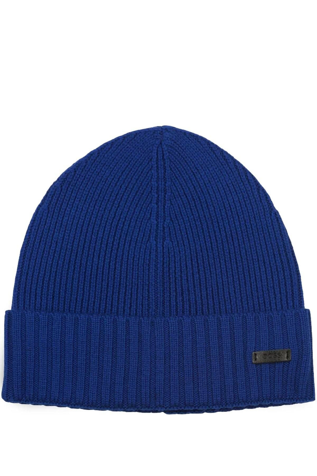 Bonnet douillet en laine bleu avec étiquette logo BOSS, tricoté en structure côtelée.