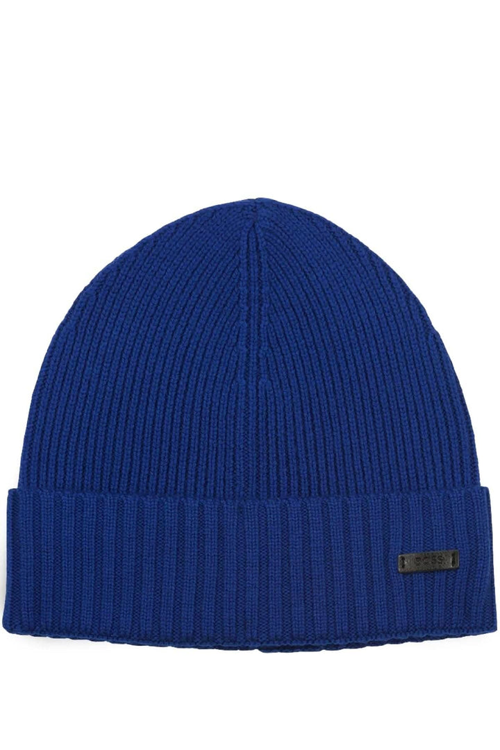 Bonnet douillet en laine bleu avec étiquette logo BOSS, tricoté en structure côtelée.