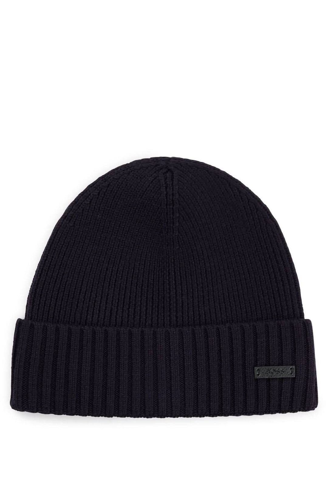 Bonnet en laine noir avec étiquette logo BOSS, tricoté en structure côtelée, élégant et douillet.