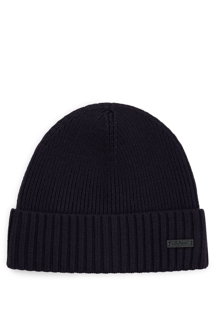 Bonnet en laine noir avec étiquette logo BOSS, tricoté en structure côtelée, élégant et douillet.