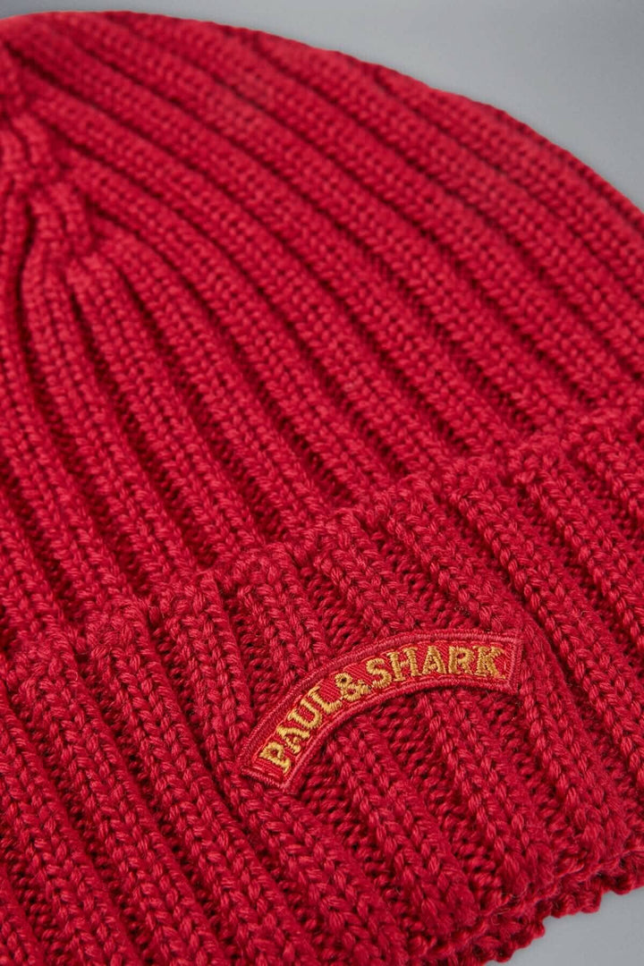 Bonnet en laine rouge avec maille côtelée et logo brodé Paul &amp; Shark, parfait pour l&