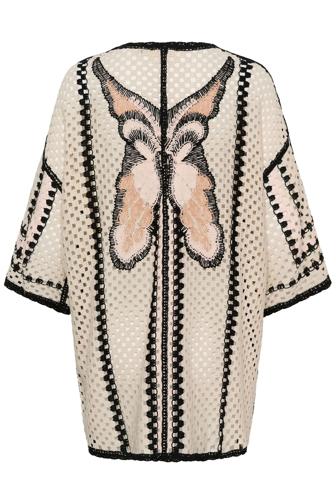 Veste Free ouverte en crochet avec motifs ajourés et bordures contrastantes, manches trois-quarts larges.