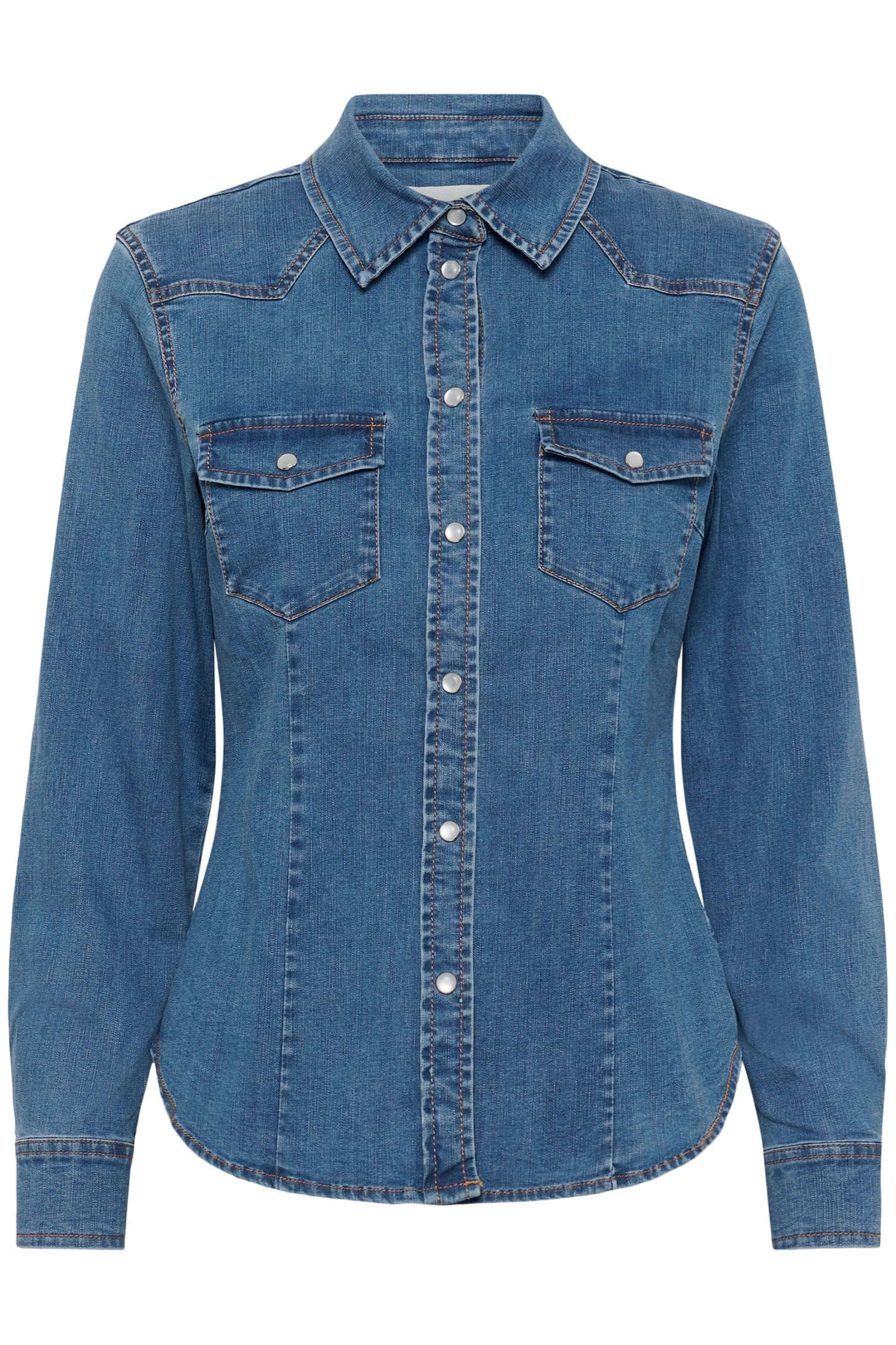 Veste Sanilla en denim avec coupe ajustée, détails métalliques, poches à rabat et patte de boutonnage à pressions.