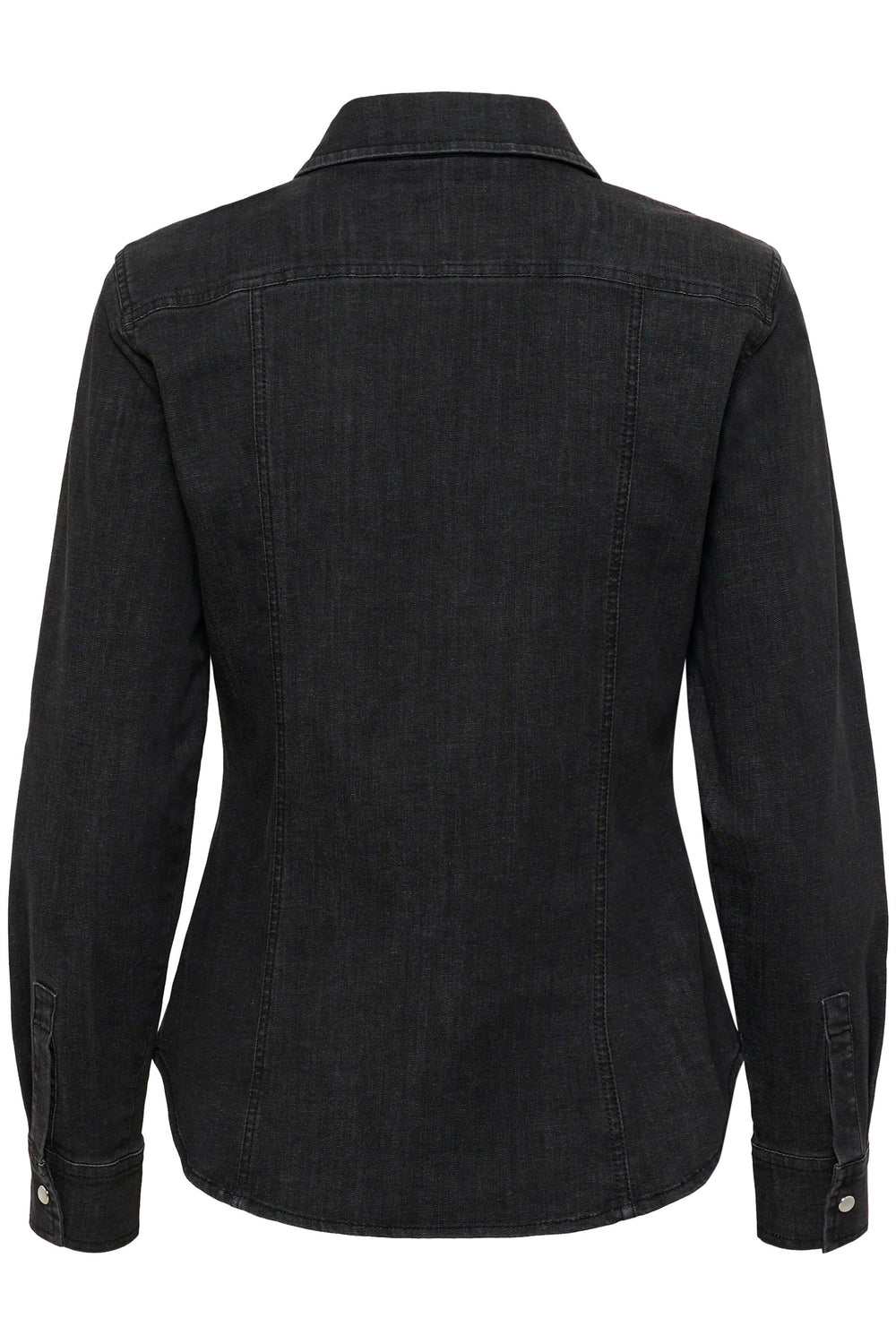 Veste Sanilla en denim noir ajusté avec détails métalliques et poches à rabat, vue arrière montrant la coupe flatteuse.