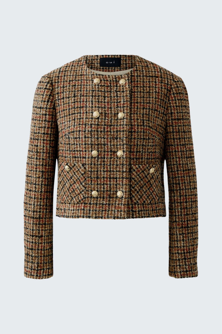 Veste courte à carreaux, boutons dorés en lainage texturé, style tailleur classique avec col rond et coupe droite élégante.