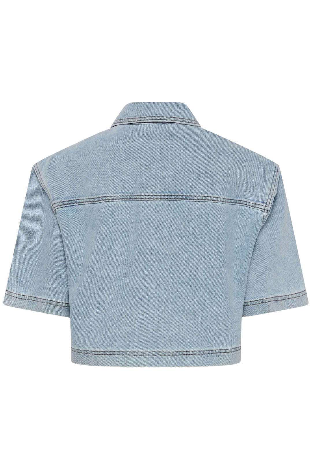 Veste courte en denim à manches courtes avec col classique et fermeture boutonnée, vue arrière montrant la silhouette structurée.