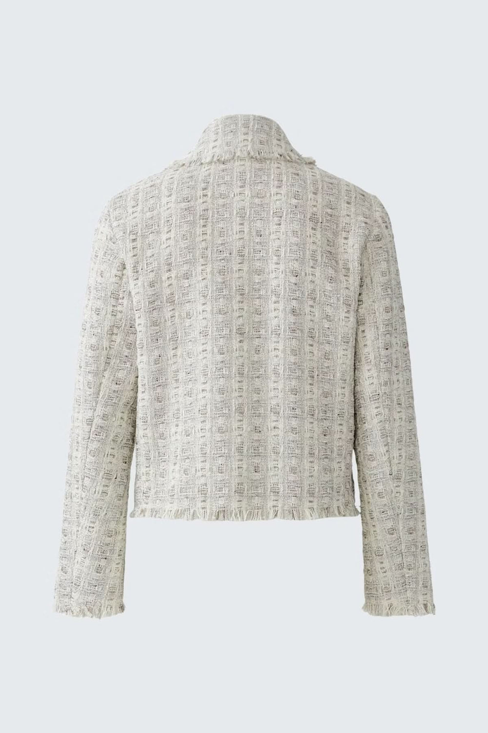 Veste en tweed élégante avec coupe droite et col chemise, boutons recouverts, vue arrière, finitons effilochées pour un style chic.